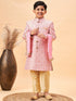 Boy's Pink & Gold-Colored Woven-Design Brocade Slim Fit Sherwani Set With Pink Colour Dupatta
